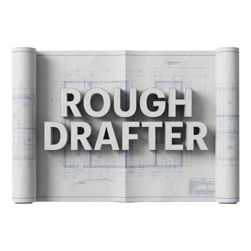 Rough Drafter: a rolled blueprint lettered ROUGH DRAFTER